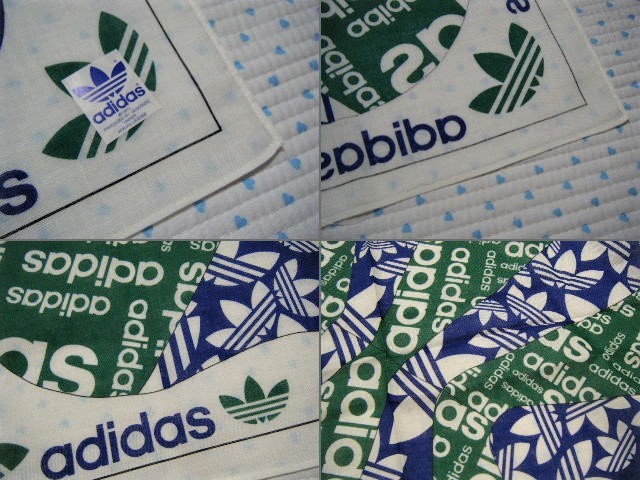 アディダス　adidas/DESCENTE　バンダナ・スカーフ　緑×青系　大きさ 59㌢×59㌢　綿100％/木綿　1970～80年代デサント製品_画像5