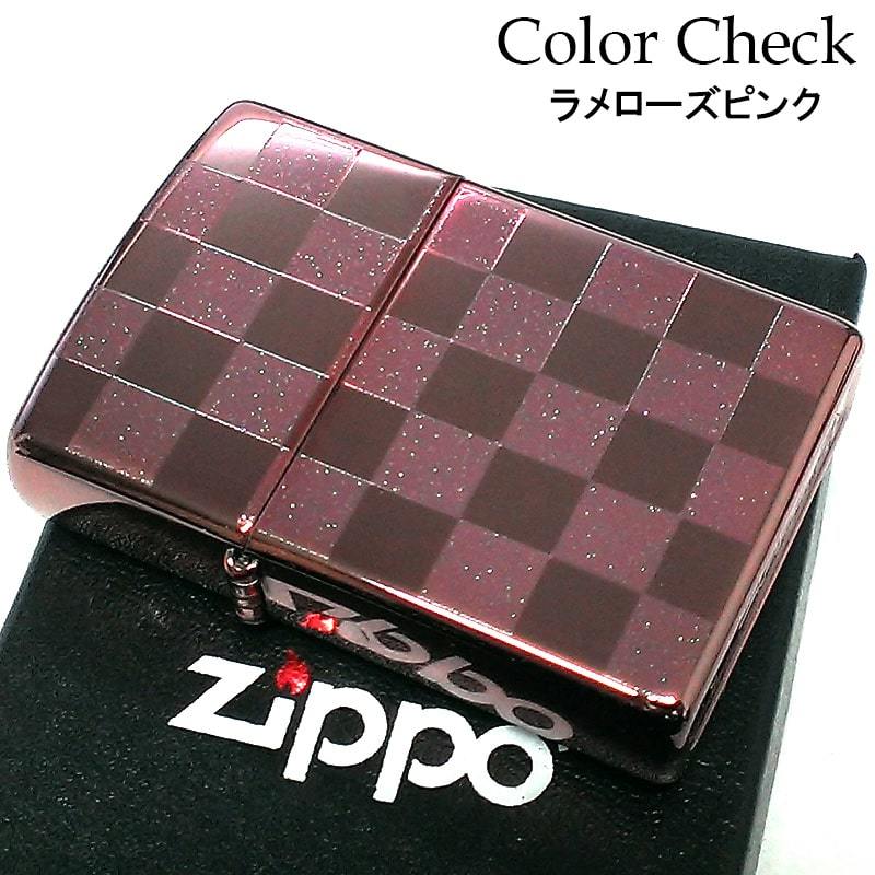 ZIPPO ライター カラーチェック ジッポ 市松模様 ローズ ピンク ラメ 両面加工 かわいい おしゃれ レディース メンズ プレゼント