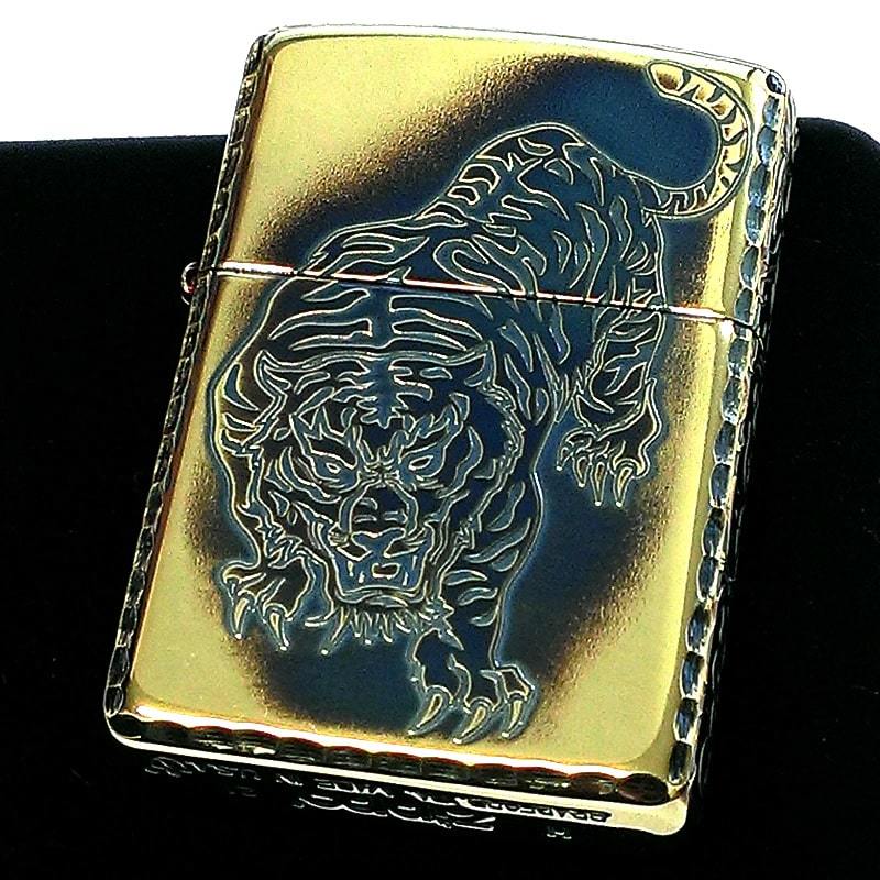 ZIPPO アーマー 唐草 虎 ジッポ ライター 5面彫刻 イブシ加工 ゴールド タイガー 重厚 アラベスク コーナーリューター 金タンク 燻し仕上げ_画像2