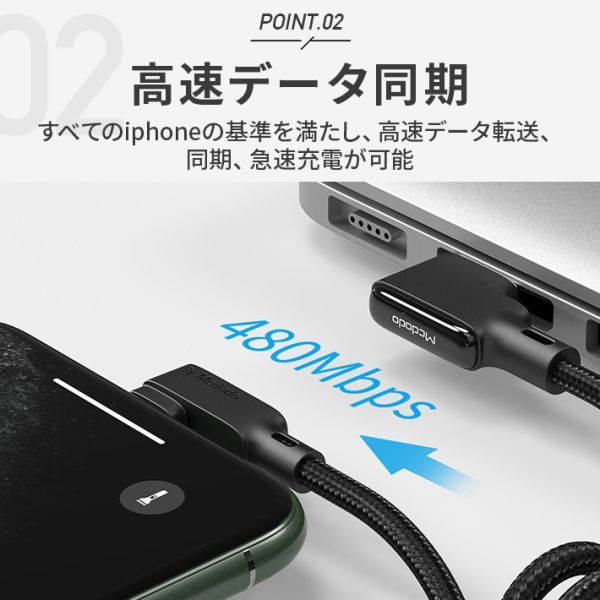 L字型 カールランニング 充電ケーブル USB 両認識 1.8m 高耐久 断線防止 ナイロン編み 90度_画像4