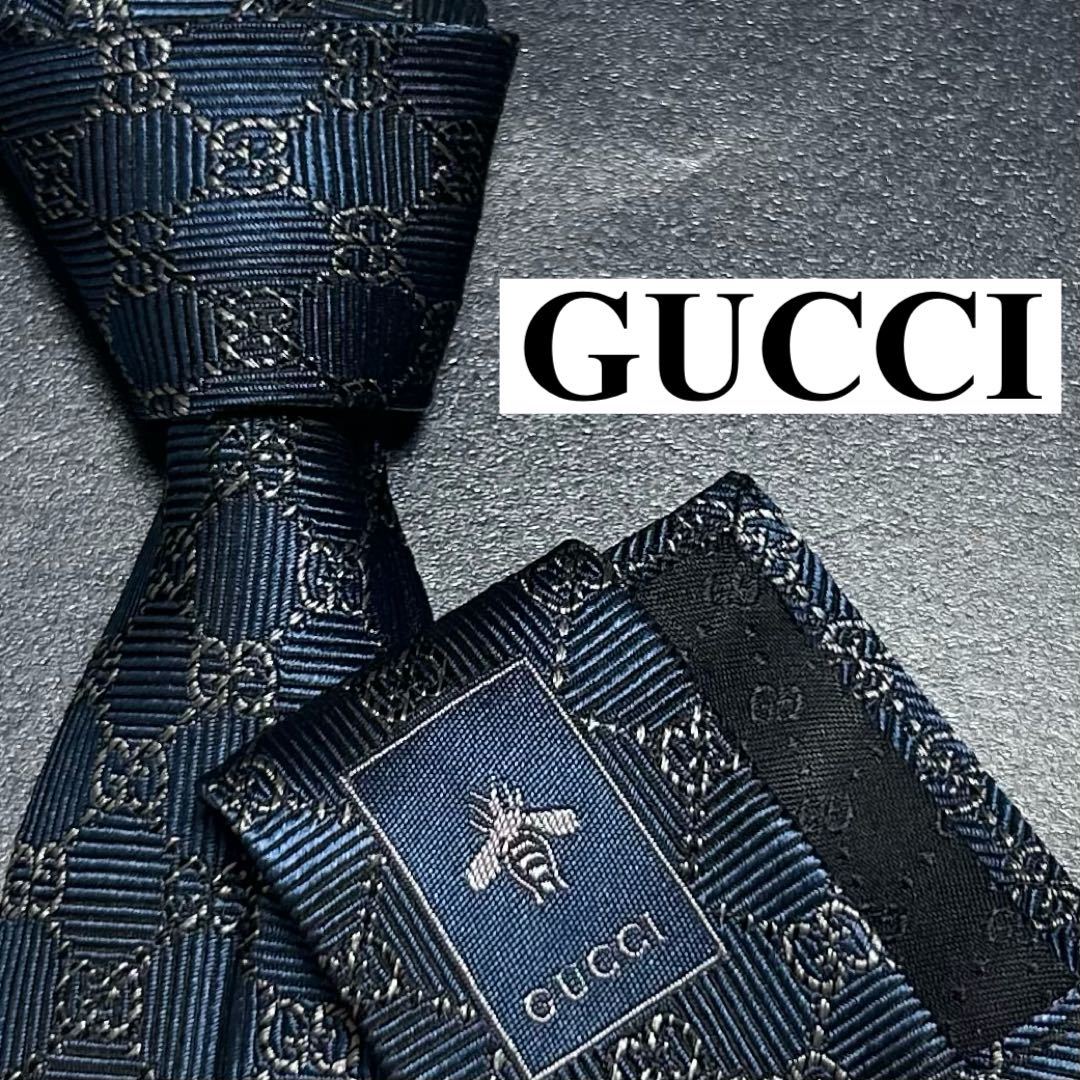 美品 GUCCI グッチ メンズ ハチ柄 シルクネクタイ-