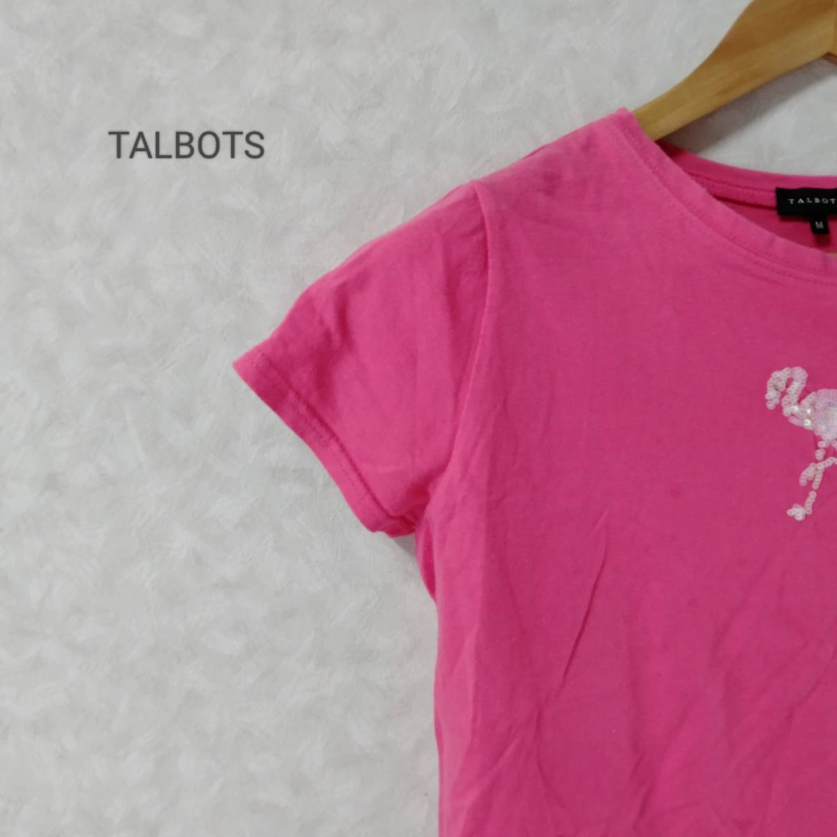 TALBOTS タルボット フラミンゴ スパンコール Tシャツ トップス フレンチスリーブ ショート丈 ビビットカラー ピンク サイズM SJ40_画像1