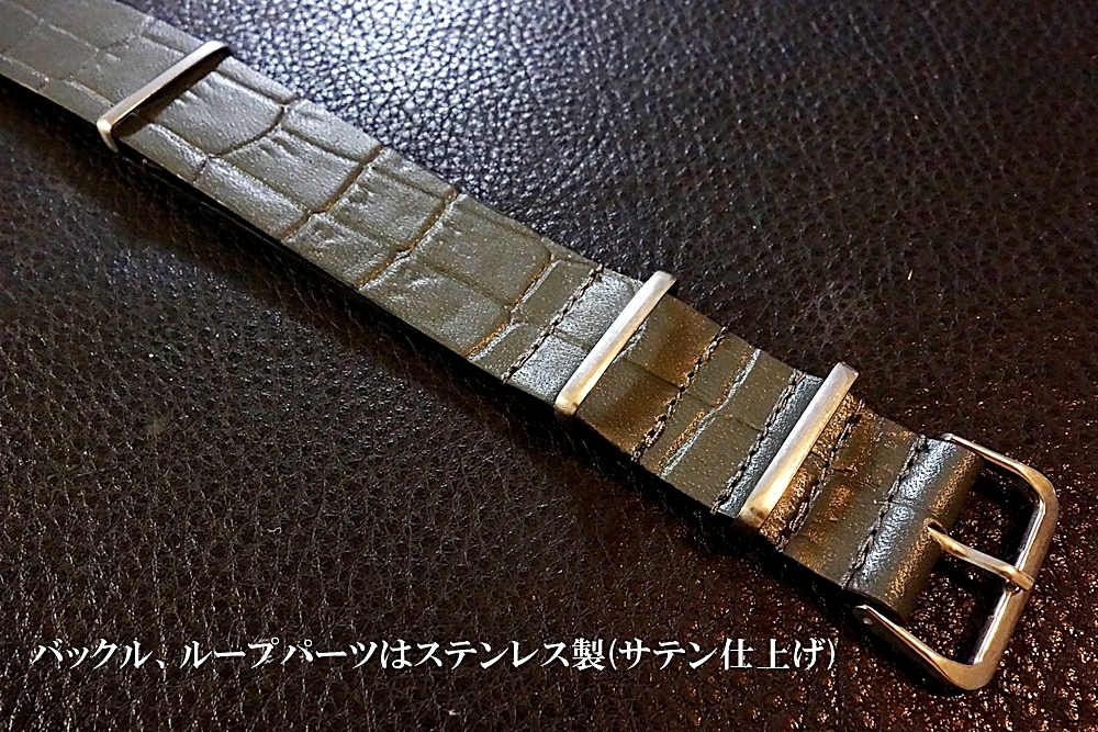 ◆Leather NATO G10Strap◆高品質国産本牛革クロコ型押しカーフ VINTAGE GRAY 18mm カスタムオーダー(BUCKLE COLOR) 受注生産 腕時計ベルトの画像3