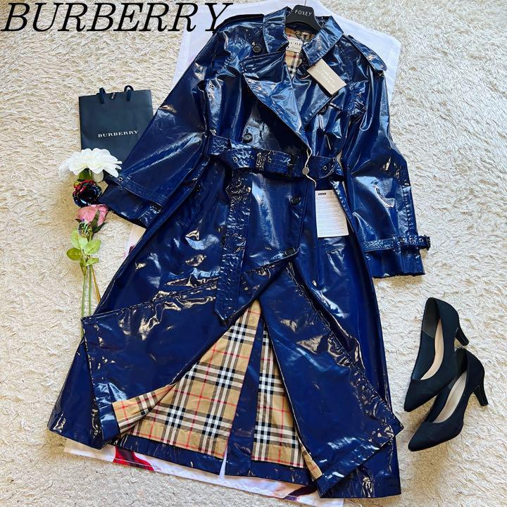 【未使用タグ付き】BURBERRY LONDON ロングトレンチコート ブルー バーバリーロンドン 青 襟 ノバチェック L ベルト