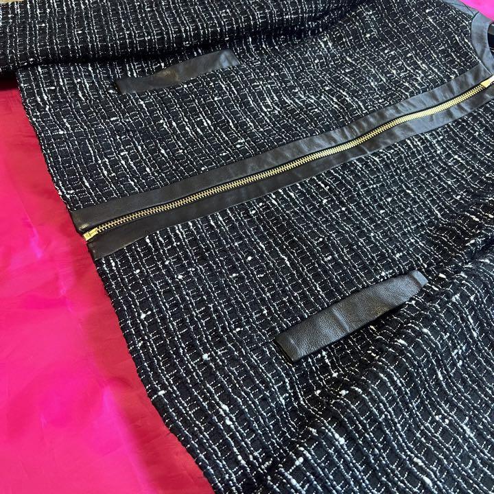 美品】kate spade ノーカラージャケット ツイード レザー 0 S ケイト
