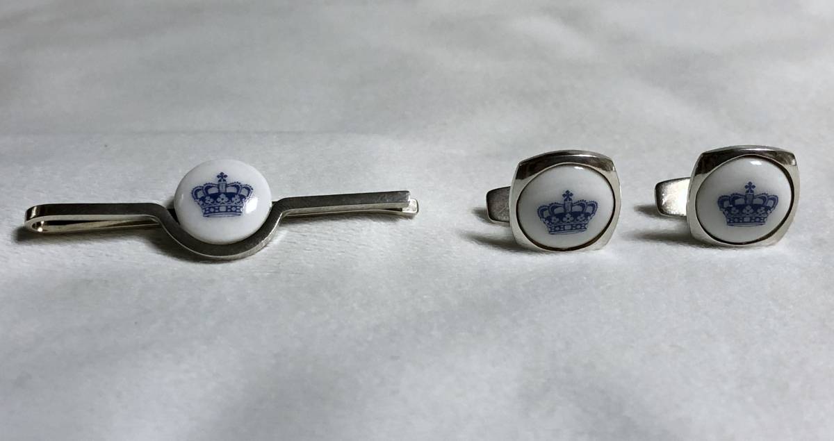  стандартный GEORG JENSEN George Jensen Vintage .. узор запонки галстук булавка SET Crown кафф links булавка для галстука кнопка Thai балка 