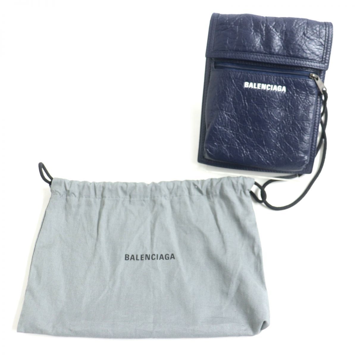 極美品▼定価94600円 BALENCIAGA バレンシアガ 532298 エクスプローラー ストラップ付 ラムレザー スモールポーチ ネイビー 伊製 保存袋付_画像2