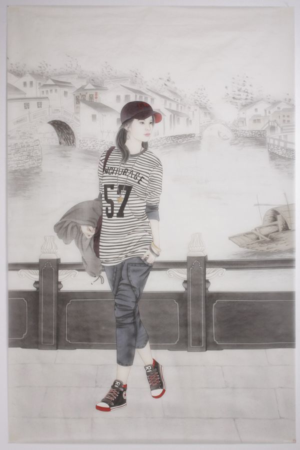 L23068 中国 落款無 景晢 女性画 美人画 絹本 まくり 水彩 肉筆 L23068 中国 落款無 景晢 女性画 美人画 絹本 まくり 水彩 肉筆