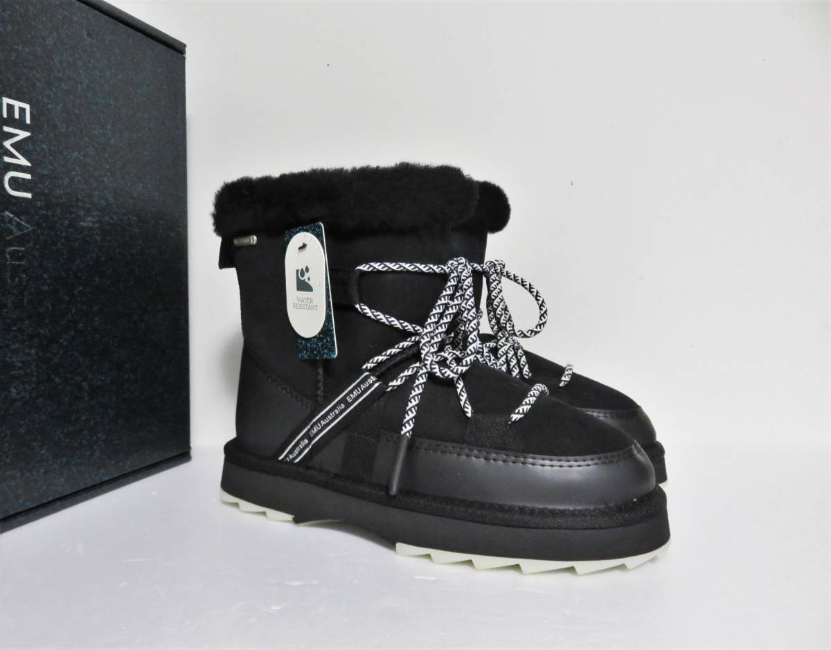 新品 EMU Australia Blurred boots ブラック 24 シープスキン 撥水加工 シャークソール サイドジップ ボア ブーツ ムートン ファー エミュ
