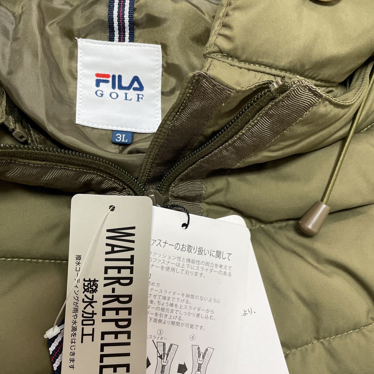  new goods FILA GOLF filler Golf down jacket down coat down coat light weight cloth water-repellent protection against cold khaki size 3L unused regular price 38500 jpy 