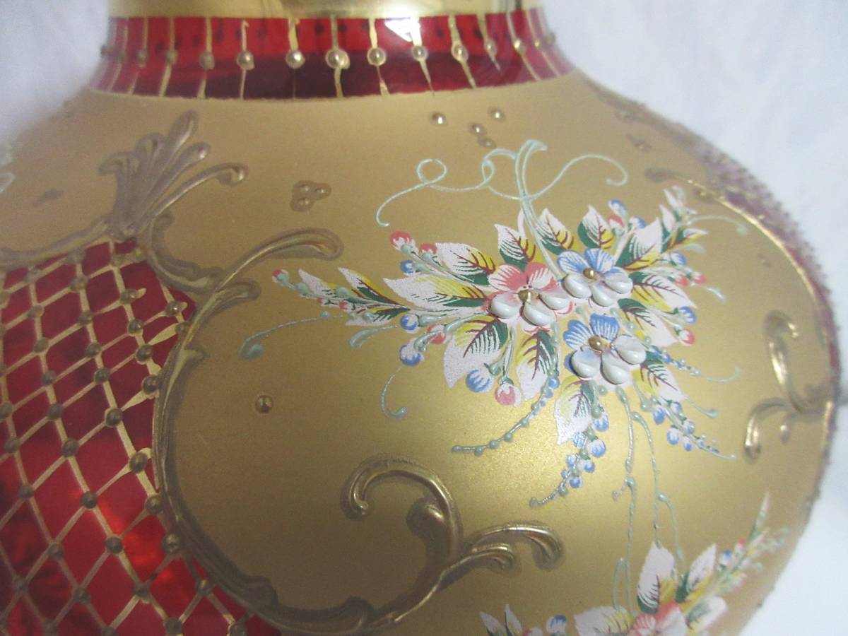 ベネチアングラス 花瓶 フラワーベース 金彩 花柄 約31cm_画像5