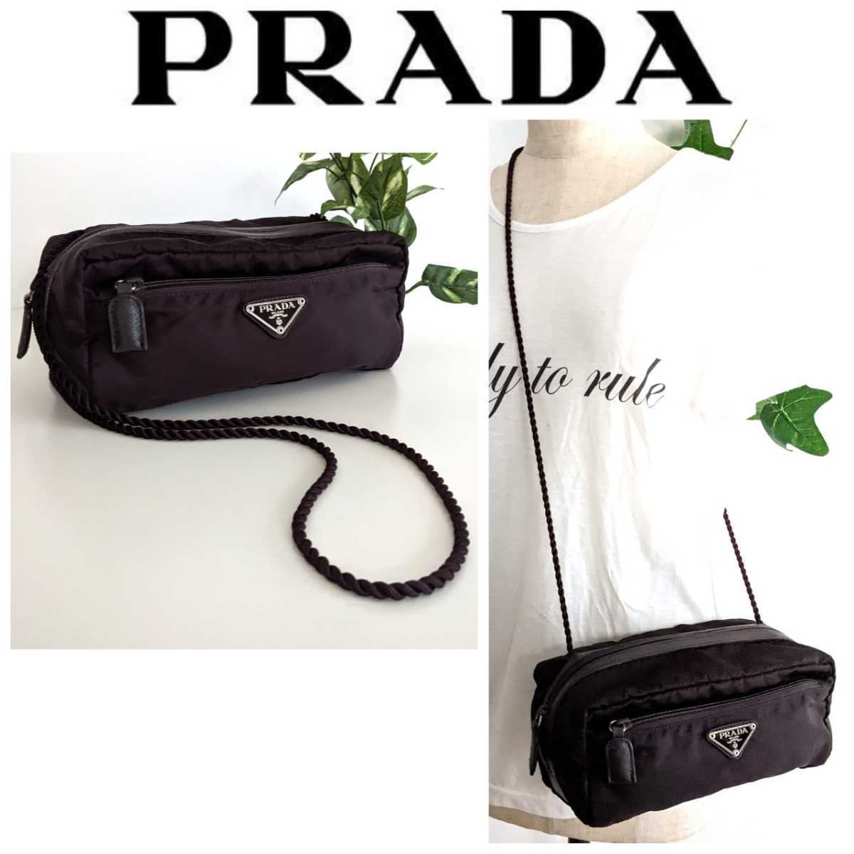 良品 PRADA プラダ ポシェット ナイロン レザー 斜め掛け ショルダーポーチ サコッシュ 鞄 ミニバッグ 茶色 ブラウン 黒 レディース メンズ