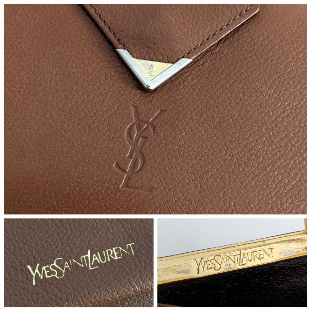 良品 Yves Saint Laurent イヴサンローラン ヴィンテージ レザー がま口 財布 アンティーク ウォレット 茶色 ブラウン レディース メンズ_画像9