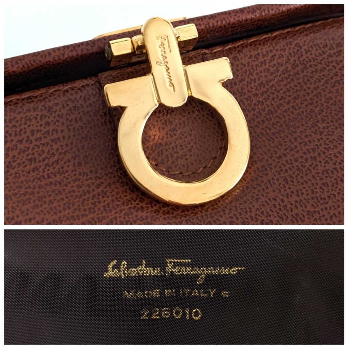 美品 Salvatore Ferragamo フェラガモ がま口 ビンテージ レザー ポーチ サコッシュ ポシェット 茶色 ブラウン ゴールド レディース メンズ