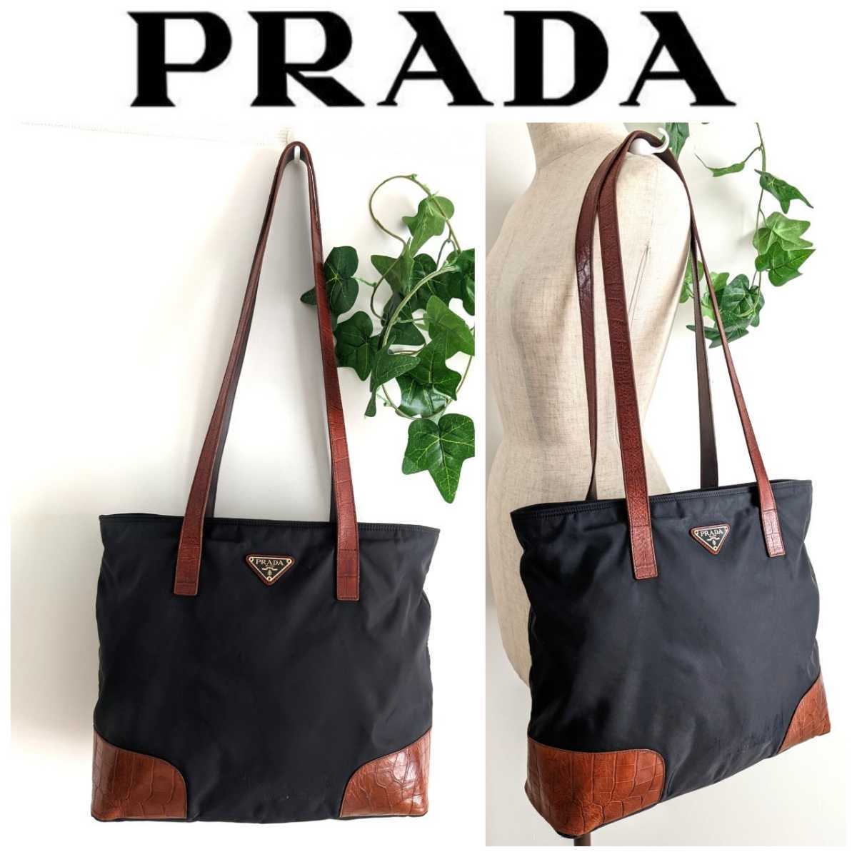 良品 PRADA レザー トートバッグ ハンドバッグ ナイロン プラダ ホワイト-