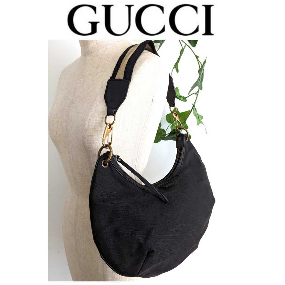 GUCCI ワンショルダーバッグ ハンドバッグ 鞄 トートバッグ ポーチ 肩掛け キャンバス レザー ヴィンテージ 黒 ブラック レディース メンズ