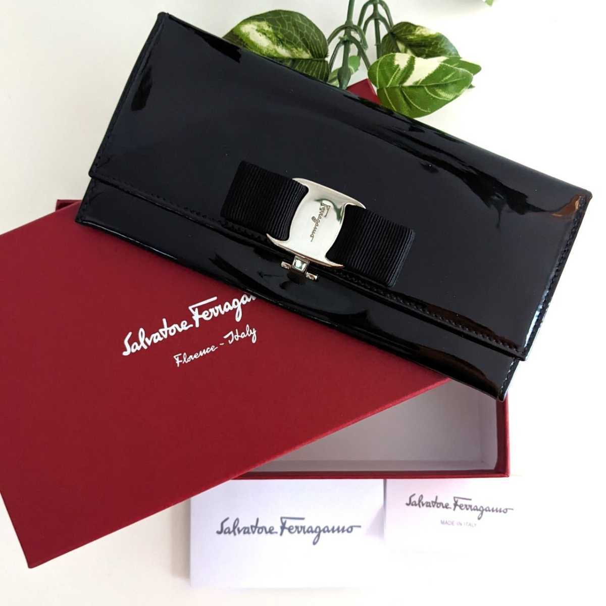 良品 Salvatore Ferragamo フェラガモ ヴァラ リボン アンティーク エナメル レザー 長財布 ヴィンテージ パテント ブラック 黒  シルバー