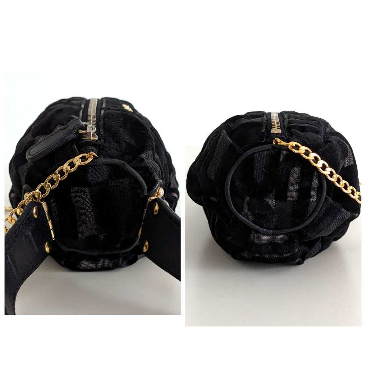美品 ミュウミュウ ポシェット ショルダー ポーチ 柄 コーデュロイ ベロア チェーン ミニバッグ プラダ PRADA 黒 ブラック グレー ゴールド