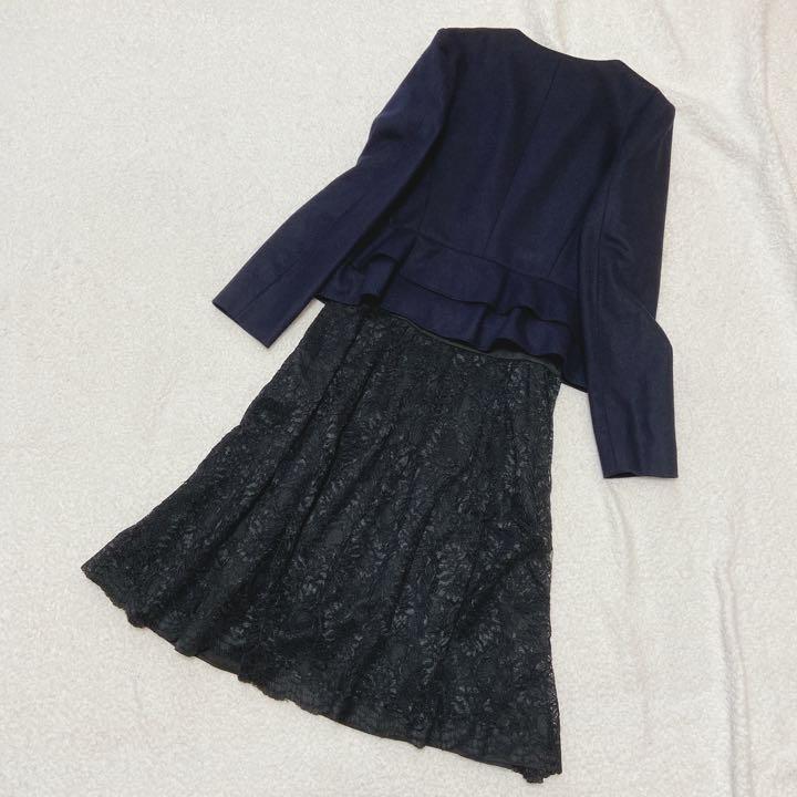 良品】ANAYI セットアップ スカートスーツ ノーカラー ネイビー 38-
