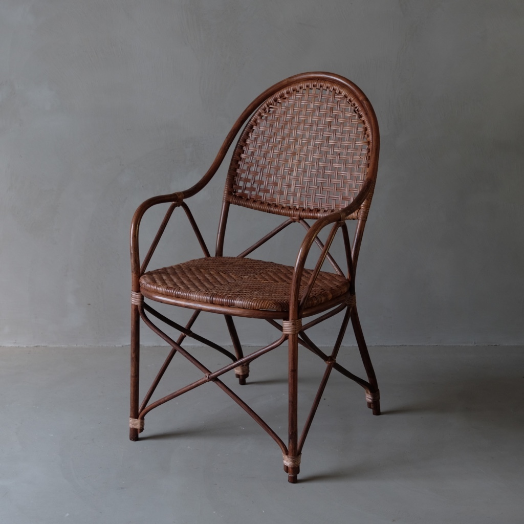 02118 old rattan arm chair A / rattan chair dining chair modern Vintage Showa Retro old furniture old tool antique 