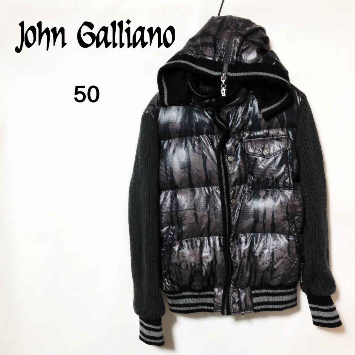 数量は多い  ジョンガリアーノ ダウンジャケット 50/John Galliano 袖ニット切替え ニュースペーパー総柄フード付き ジャケット、上着