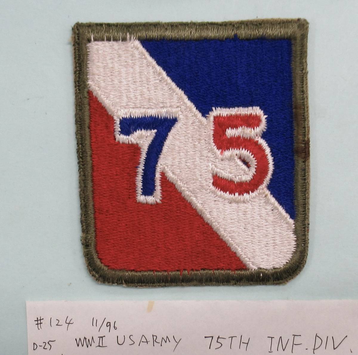 実物 WW2 米陸軍 第75歩兵師団 肩章 US ARMY 75TH INFANTRY DIVISION SHOULDER PATCHE エッジカット_画像2