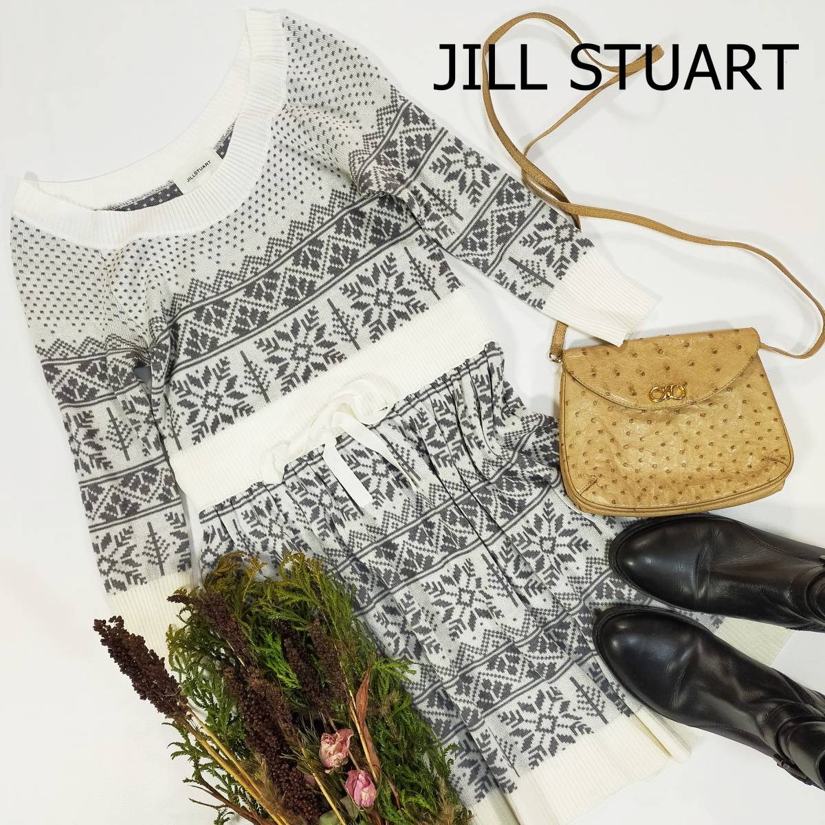  Jill Stuart JILL STUART вязаный One-piece размер S серый белый nordic рисунок сделано в Японии колено длина стрейч круглый вырез длинный рукав 1990