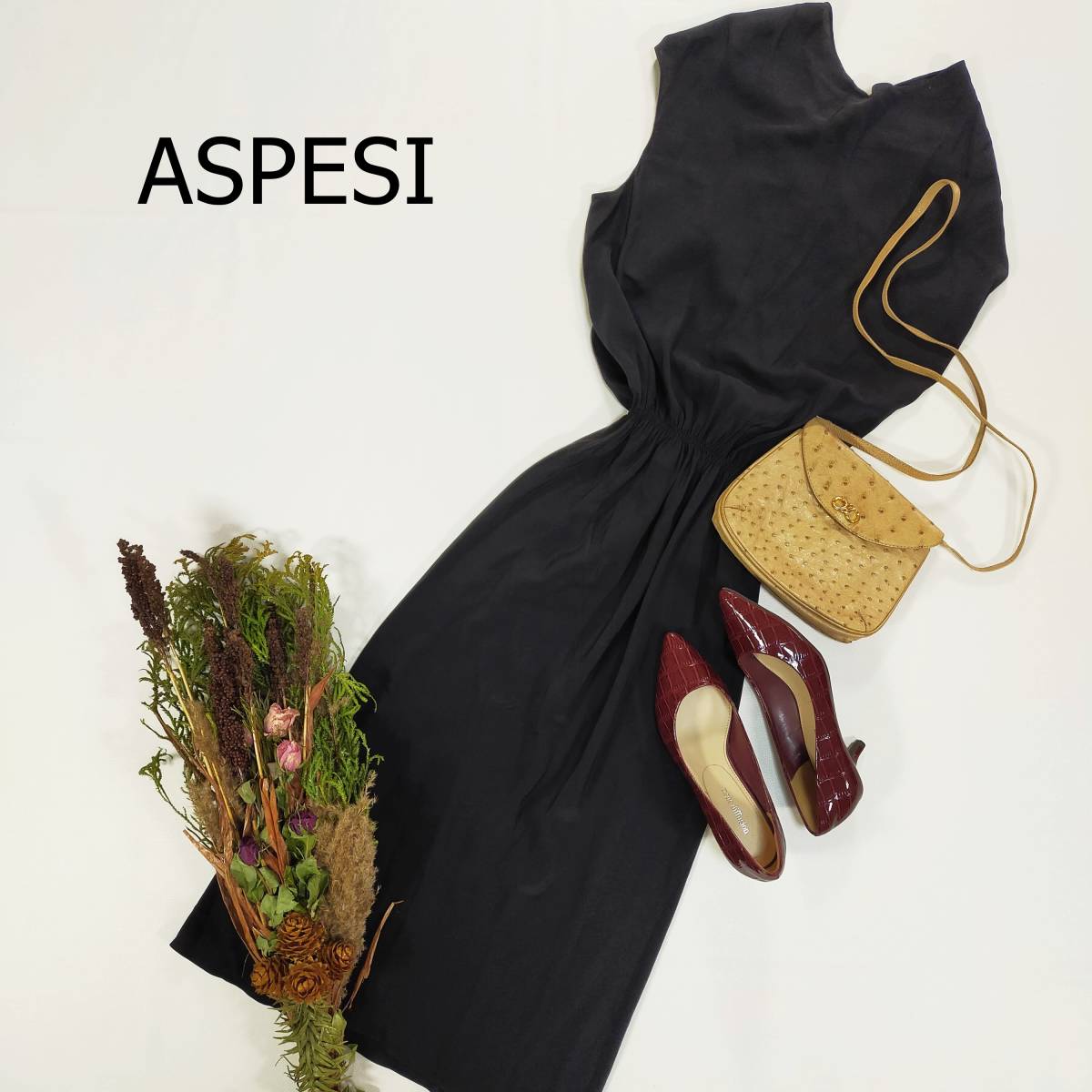 アスペジ ASPESI ワンピース サイズ42 M ブラック 黒 イタリア製 シルク100％ とろみ ノースリーブ ロング丈 ウエストゴム ドレス 1982