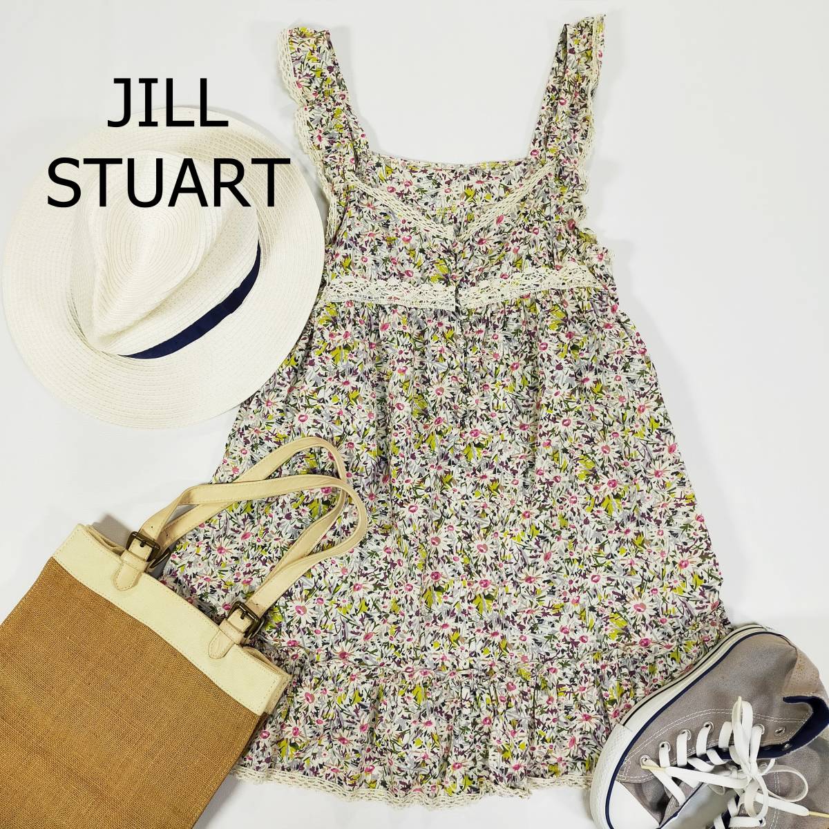 ジルスチュアート JILL STUART ワンピース サイズM ホワイト カラフル 花柄 総柄 日本製 ノースリーブ ミニ丈 レース コットン100％ 1960_画像1