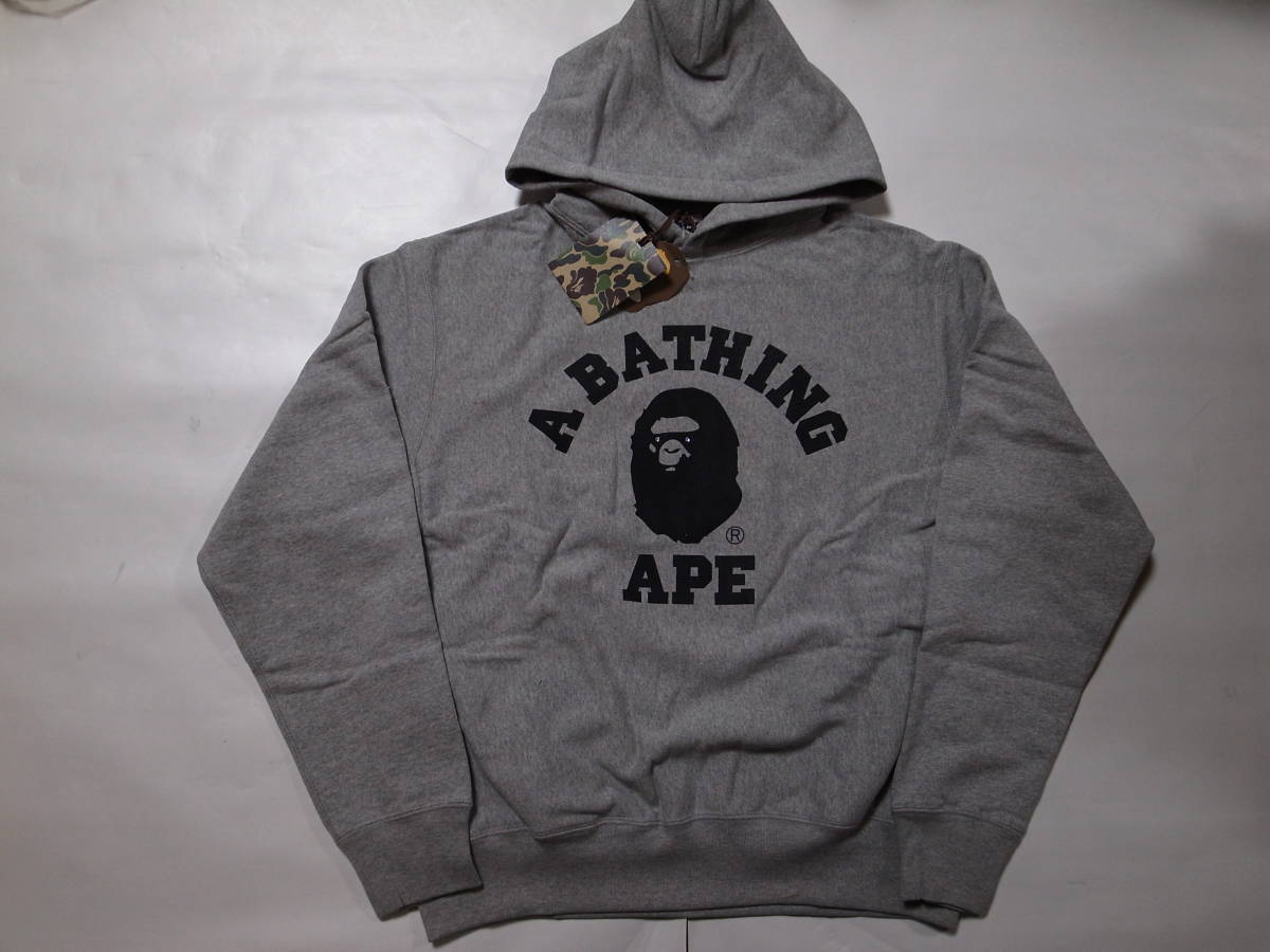 激レア★A BATHING APE エイプ ★カレッジロゴ スウェットパーカー★APE FACEの目にラインストーン入り★グレイ★日本製★M★BAPE_画像1