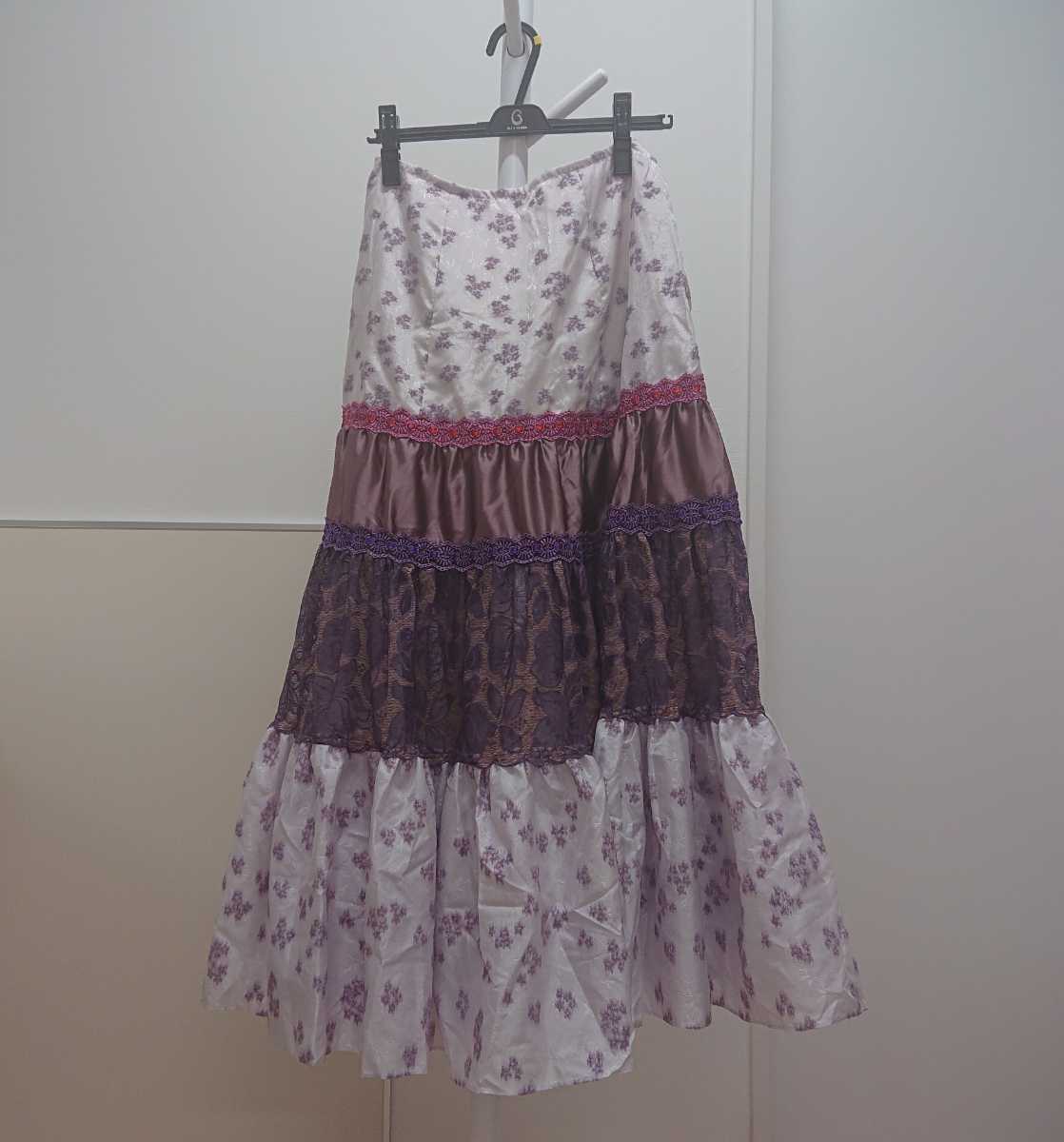 アレグリアスやセビジャーナスにぴったり♪フラメンコファルダ スカート ピンク×紫 サテン・レース 舞台衣装 一点物