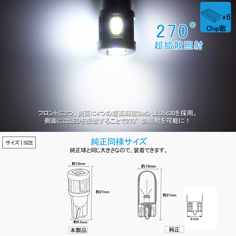 ②『FLD0994』T10/T15/T16 LEDバルブ 6連 5630 SMD LEDウェッジ球 2個 バックランプ・ライセンスランプ・ポジションランプ超寿命 ブルー_画像4