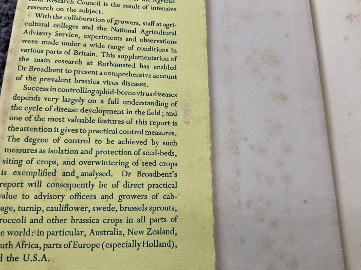 問題ありAGRICULTURAL RESEARCH COUNCIL INVESTIGATION OF VIRUS DISEASES OF BRASSICA CROPS L.BROADBENT CAMBRIDGE UNIVERSITY PRESS_画像7