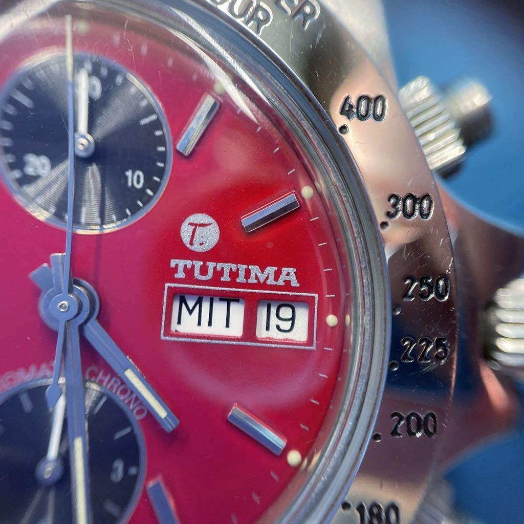  rare [ rare bulge .-7750 installing ]TUTIMA Tutima glass hyute rare color red black face Ref.793 chronograph self-winding watch men's wristwatch 