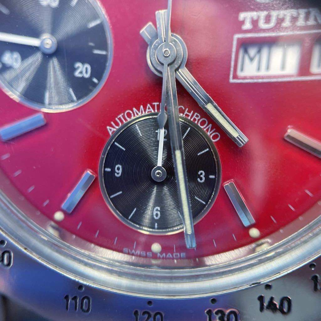  rare [ rare bulge .-7750 installing ]TUTIMA Tutima glass hyute rare color red black face Ref.793 chronograph self-winding watch men's wristwatch 