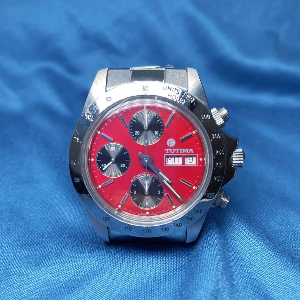  rare [ rare bulge .-7750 installing ]TUTIMA Tutima glass hyute rare color red black face Ref.793 chronograph self-winding watch men's wristwatch 