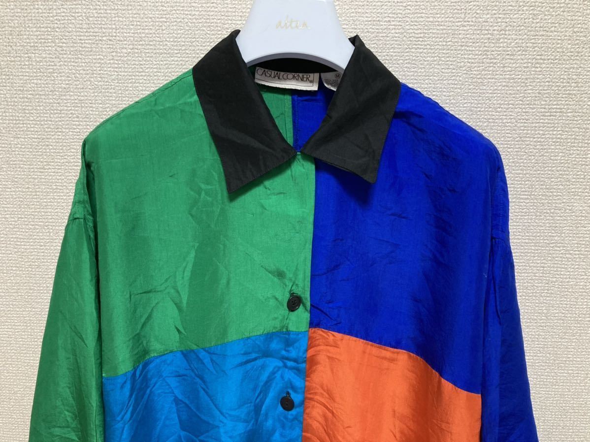 USA古着 クレージーパターン CASUAL CORNER シルクシャツ マルチカラー切替シャツ デザインシャツ 長袖シャツ M_画像4