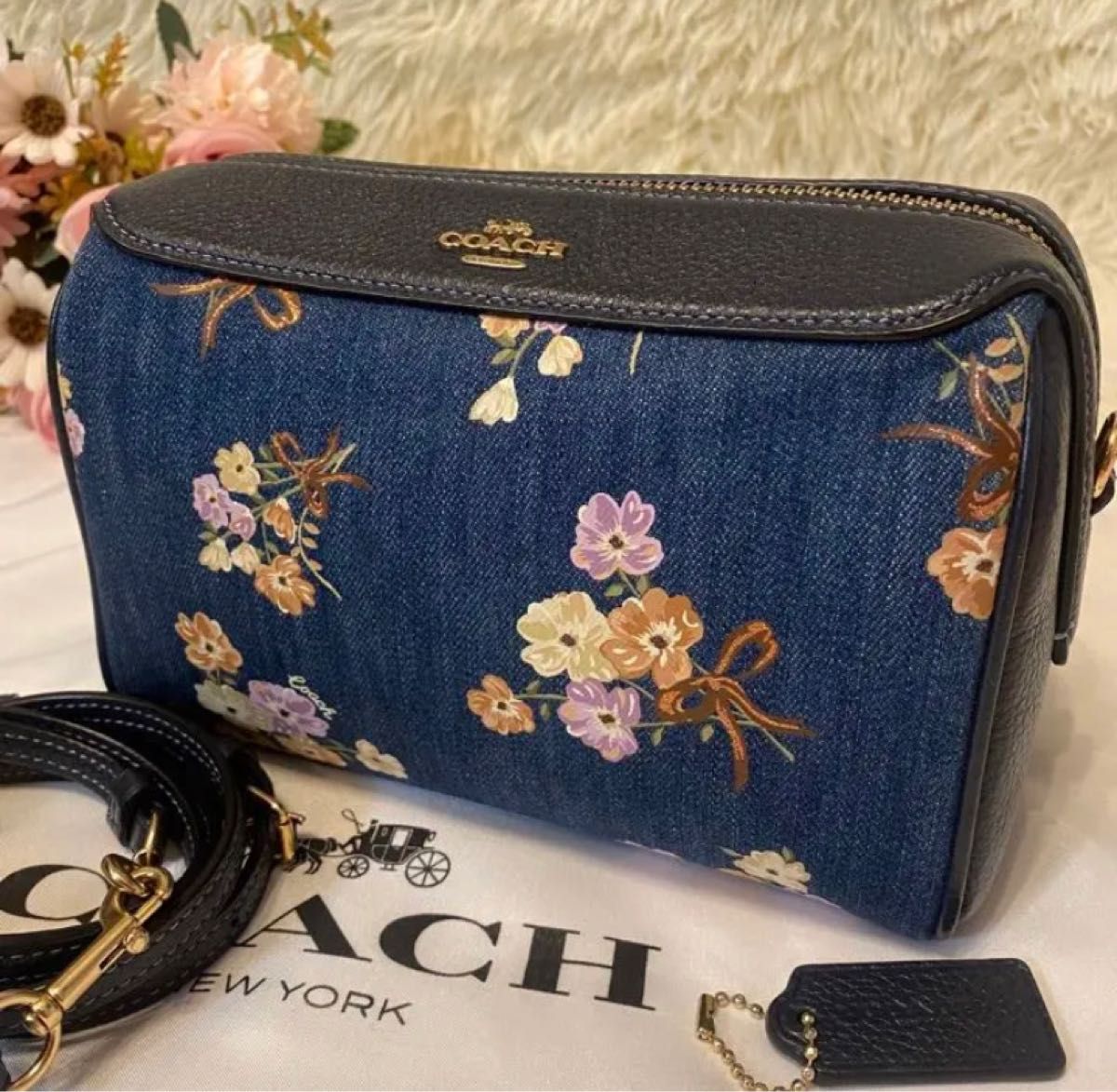 未使用に近い 希少 コーチ ショルダーバッグ デニム 花柄 和柄 COACH