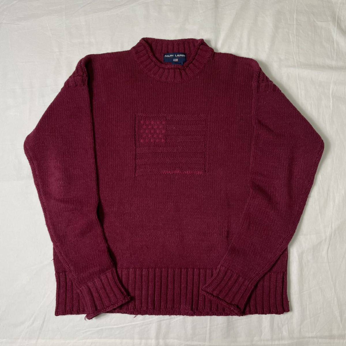 90s POLO SPORT ポロスポーツ Ralph Lauren ラルフローレン コットンニット ニットセーター 星条旗 古着_画像1