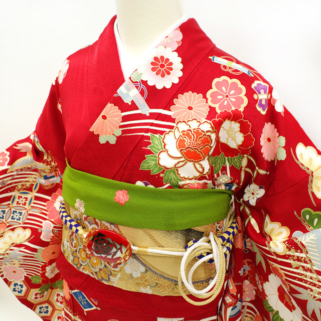  long-sleeved kimono kimono long kimono-like garment set gold piece embroidery gold paint processing red flower classic pattern coming-of-age ceremony two 10 -years old silk used brand new length 169.68 L size ....sb11759