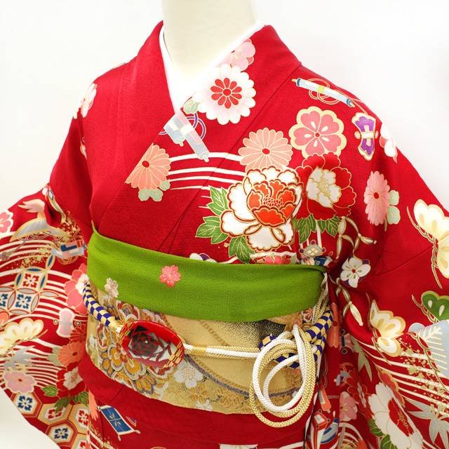 振袖 着物 長襦袢 セット 金駒刺繍 金彩加工 赤 花 古典柄 成人式 二十