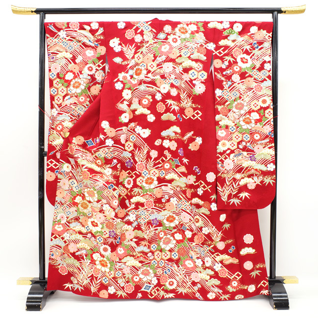 振袖 着物 長襦袢 セット 金駒刺繍 金彩加工 赤 花 古典柄 成人式 二十