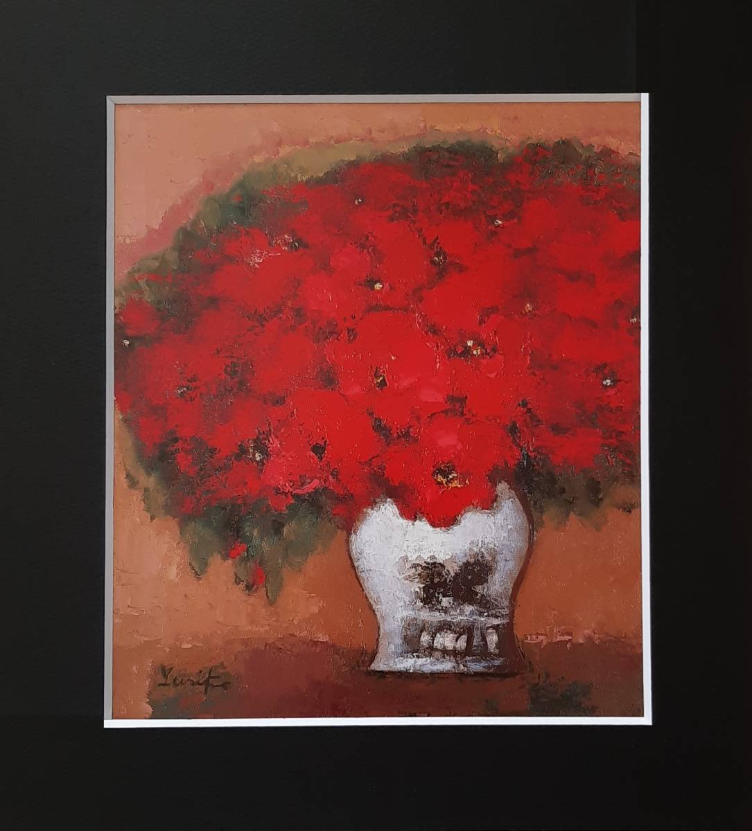 首藤百合子、「赤い花」、希少画集の額装画、四季、風景、人気