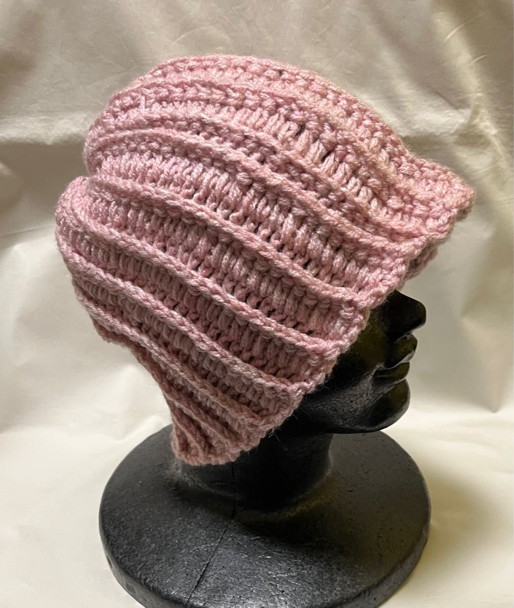 ピンク系の手編み帽子Ｌサイズ お母さんの作った手編み帽子〜