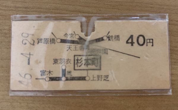 硬券 100 B型 地図式 乗車券 国鉄 阪和線 杉本町から40円 昭和46年 No.1900_画像1