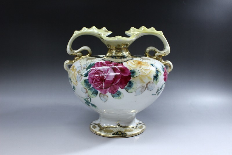 d663 Old Noritake Maple leaf seal 1891 year ~1915 year gold point peak gold paint gold bead rose . enamel . ornament "hu" pot vase height 21.5cm Japan ceramics 