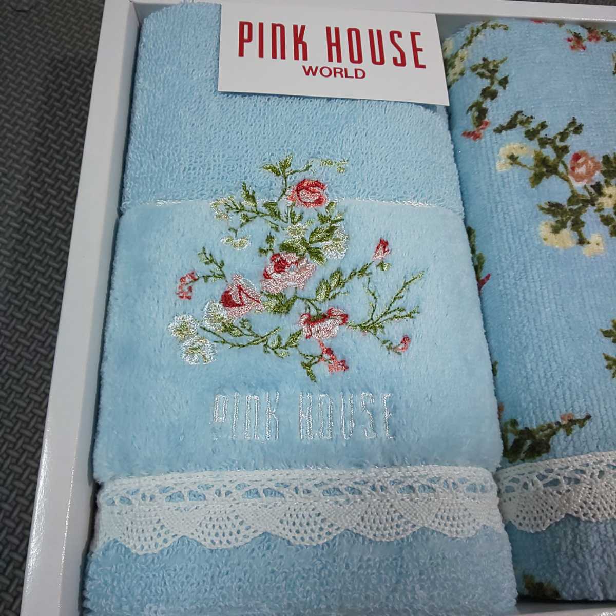 ピンクハウス「フェイスタオル 1枚 ウォッシュタオル 1枚」PINK HOUSE 花柄 レース ブルー系の画像2