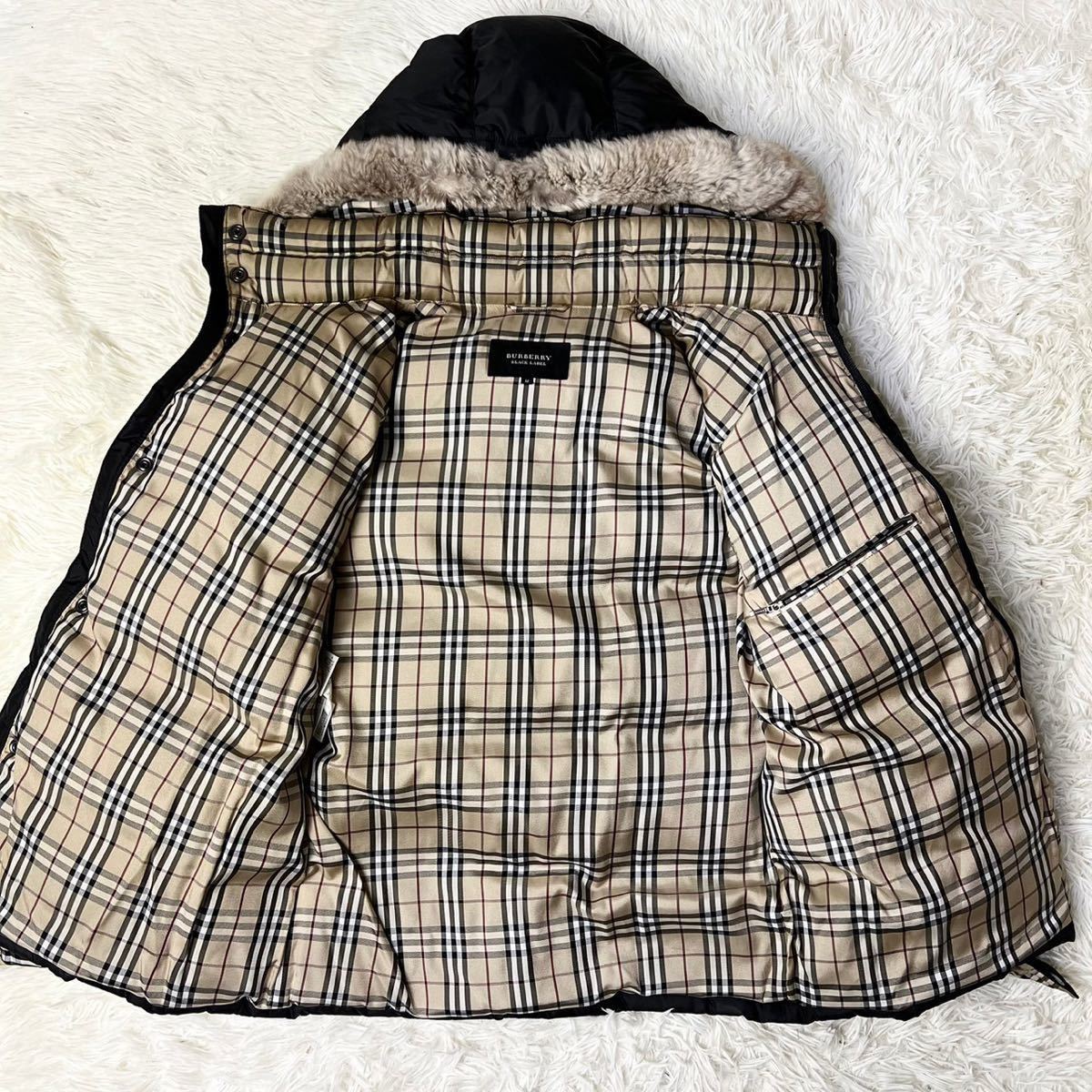 美品 バーバリーブラックレーベル ダウンジャケット ホースマーク刺繍 リアルファー 着脱可 ノバチェック BURBERRY BLACK LABEL コート 黒