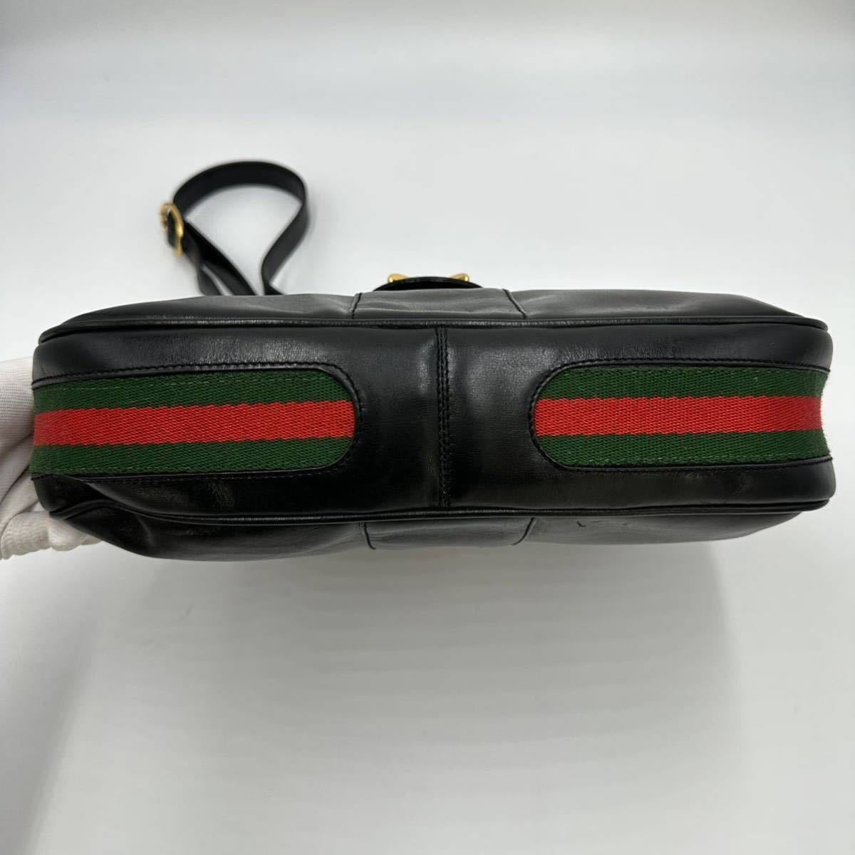 美品 GUCCI グッチ オールドグッチ シェリーライン ブーツ金具 メンズ ショルダーバッグ レザー ブラック 黒 ゴールド ヴィンテージ 肩掛け