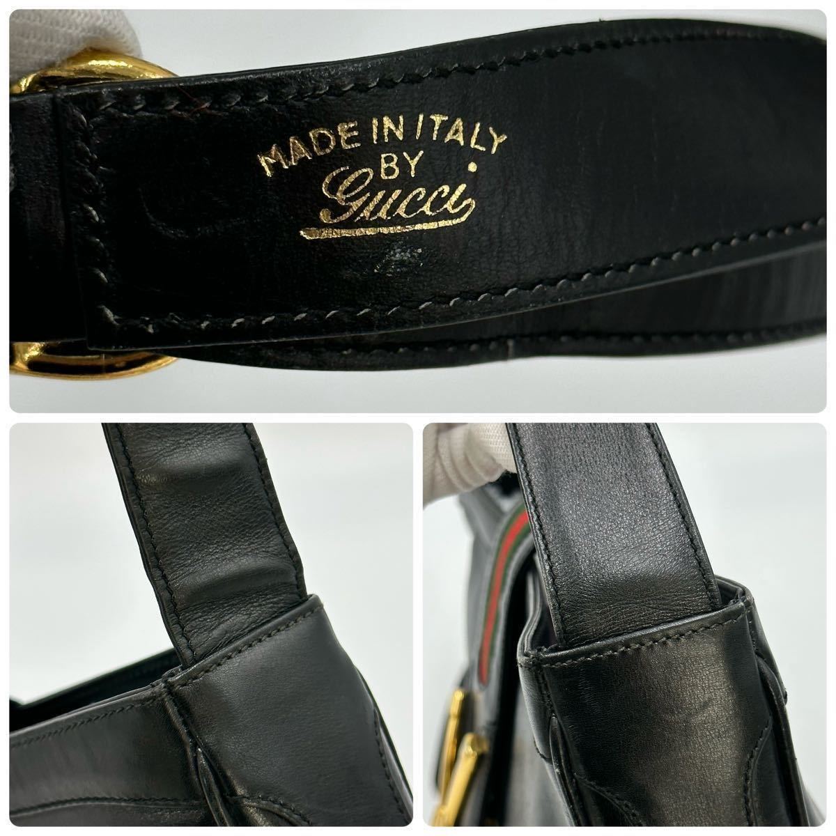 美品 GUCCI グッチ オールドグッチ シェリーライン ブーツ金具 メンズ ショルダーバッグ レザー ブラック 黒 ゴールド ヴィンテージ 肩掛け
